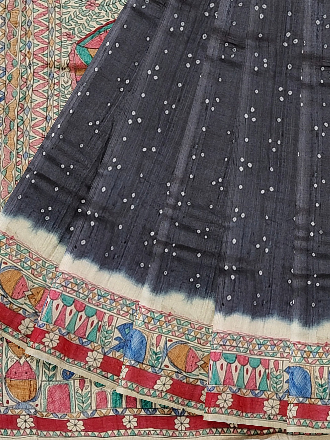 Handpainted Madhubani Saree on Tussar Munga Silk – Godhna Style with Bandhani Fusion